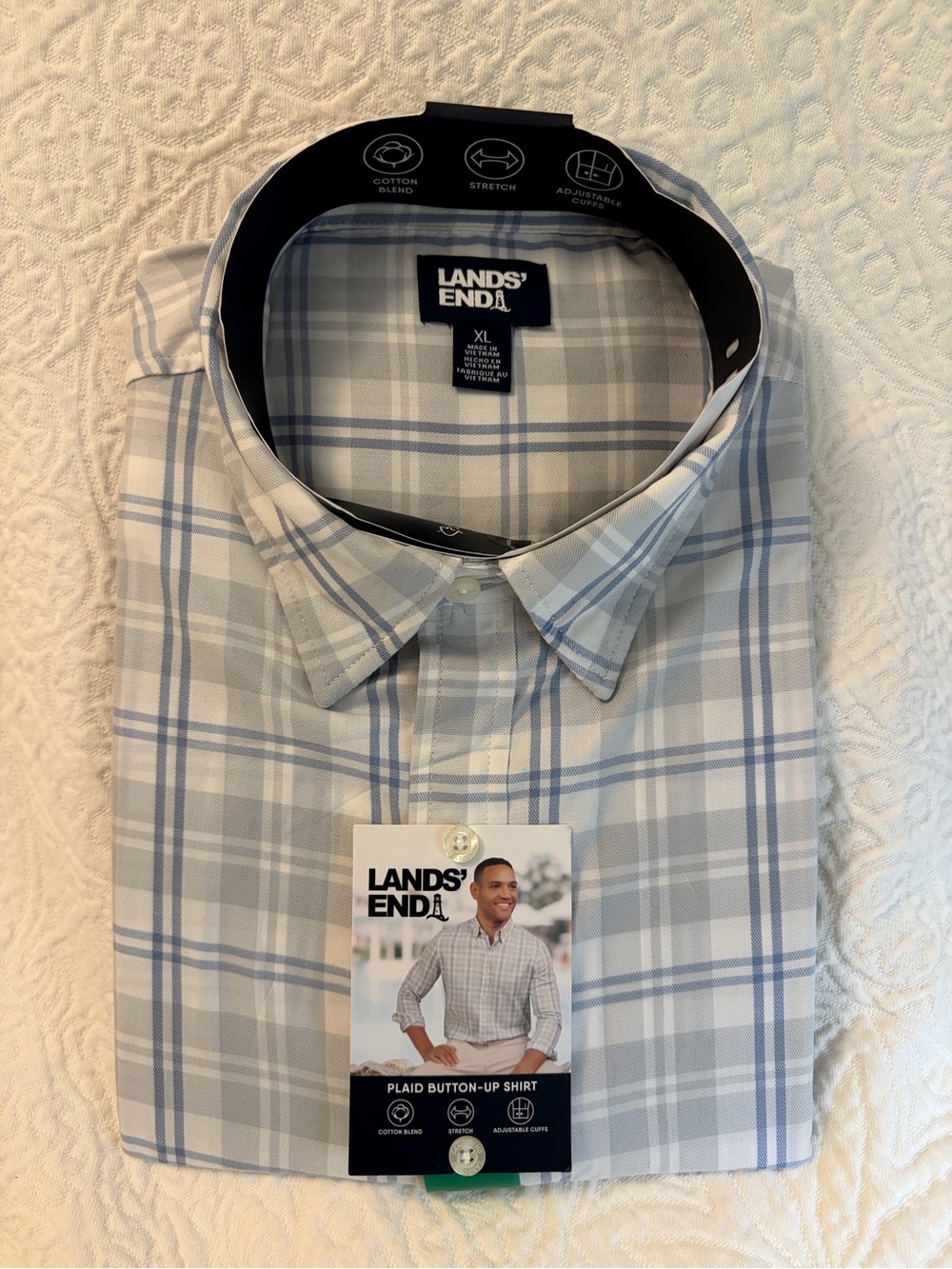 Lands' End Men's Light Gray and Blue Plaid Button-Up Shirt